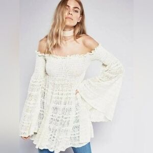 Free People Free Flow Ivory Crochet Knit Off Shoulder Bell Sleeve Tunic Top- L
